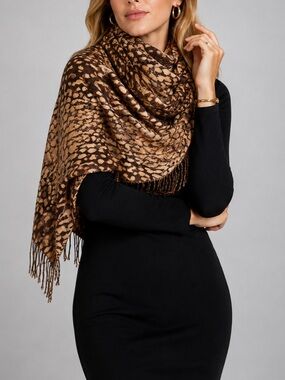 ✨🐆 Merona Brown Tan Animal Print Fringe Scarf 67” Long Soft Leopard Lightweight